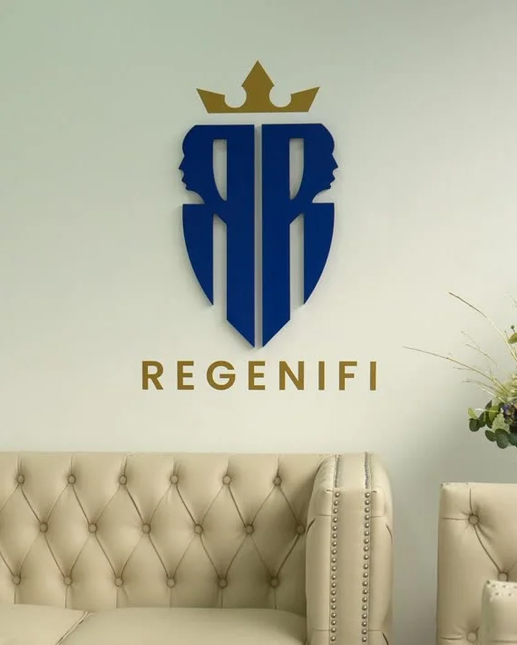 The Regenifi logo on the reception wall at our Chigwell clinic